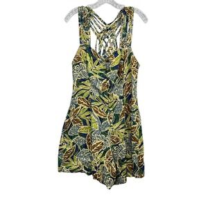 90s Retro Basic Editions Women's Romper Tropical Leaf Print Resort Wear Size 10